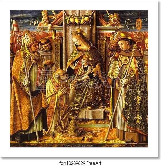 Free art print of Madonna and Child Enthroned with Presentation of the Keys to St. Peter, with Saints John of Capistrano, Emidius, Francis, Louis of Toulouse, James of the Marches, and an Unidentified Bishop by Carlo Crivelli Free art print of Madonna and Child Enthroned with Presentation of the Keys to St. Peter, with Saints John of Capistrano, Emidius, Francis, Louis of Toulouse, James of the Marches, and an Unidentified Bishop by Carlo Crivelli
