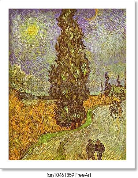 Free art print of Road with Man Walking, Carrige, Cypress, Star and Crescend Moon by Vincent Van Gogh Free art print of Road with Man Walking, Carrige, Cypress, Star and Crescend Moon by Vincent Van Gogh
