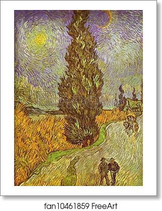 Free art print of Road with Man Walking, Carrige, Cypress, Star and Crescend Moon by Vincent Van Gogh