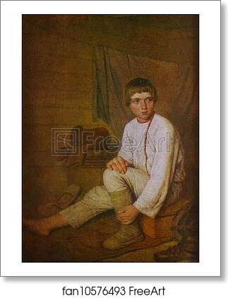 Free art print of Peasant Boy Putting on Bast Sandals by Alexey Venetsianov