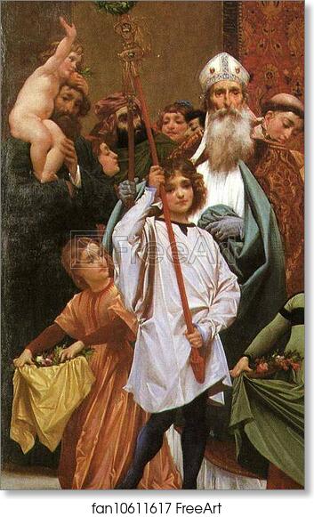 Free art print of Cimabue's Celebrated Madonna is Carried in Procession through the Streets of Florence; in front of the Madonna, and Crowned with Laurels, walks CImabue Himself, with his Pupil Giotto; behind It Arnolfo Di Lapo, Gaddo Gaddi, Andrea Tafi, Niccola Pisano, Bu by Frederick Leighton