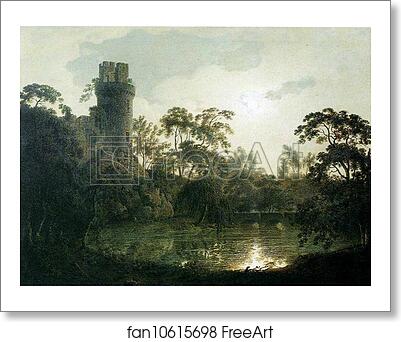 Free art print of Moonlight with a Lake and Castellated Tower by Joseph Wright Of Derby