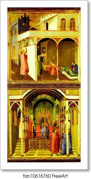 Free art print of St. Nicholas Offers Three Girls Their Dowry and St. Nicholas is Elected Bishop of Mira by Ambrogio Lorenzetti