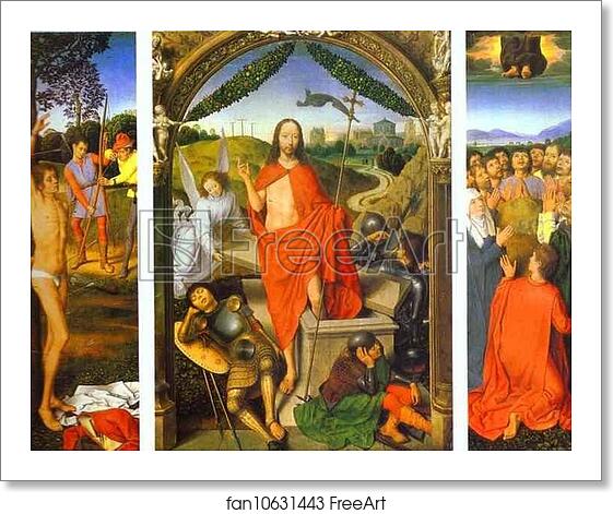 Free art print of The Resurrection, with the Martyrdom of St. Sebastian and the Ascension by Hans Memling Free art print of The Resurrection, with the Martyrdom of St. Sebastian and the Ascension by Hans Memling