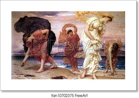 Free art print of Greek Girl Picking up Pebbles by the Sea by Frederick Leighton