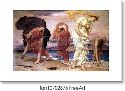 Free art print of Greek Girl Picking up Pebbles by the Sea by Frederick Leighton