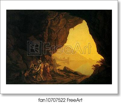 Free art print of A Grotto by the Sea-Side in the Kingdom of Naples, with Banditti; a Sun-Set by Joseph Wright Of Derby