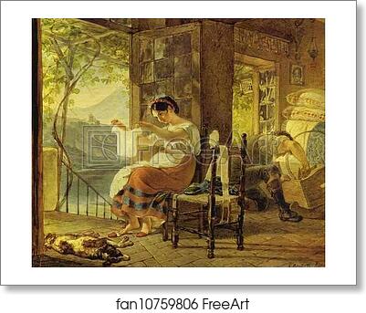 Free art print of Italian Woman Heavy with a Child Examining a Shirt and her Husband Making a Cradle by Karl Brulloff