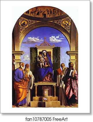 Free art print of Madonna and Child Enthroned with St. Peter, St. Romuald, St. Benedict, and St. Paul by Giovanni Battista Cima, Called Cima Da Conegliano