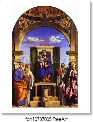 Free art print of Madonna and Child Enthroned with St. Peter, St. Romuald, St. Benedict, and St. Paul by Giovanni Battista Cima, Called Cima Da Conegliano Free art print of Madonna and Child Enthroned with St. Peter, St. Romuald, St. Benedict, and St. Paul by Giovanni Battista Cima, Called Cima Da Conegliano