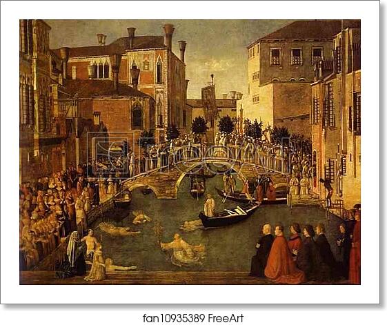 Free art print of The Recovery of the Relic of the True Cross at the Bridge of S. Lorenzo by Gentile Bellini Free art print of The Recovery of the Relic of the True Cross at the Bridge of S. Lorenzo by Gentile Bellini