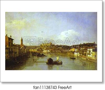 Free art print of View of Verona and the River Adige from the Ponte Nuovo by Bernardo Bellotto