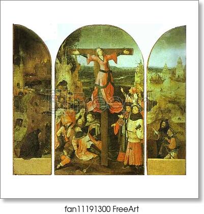 Free art print of Crucifixion of St. Julia (Triptych). Left wing: St. Anthony in Meditation. More. Central panel: Crucifixion of St. Julia or Liberata. More. Right wing: Two Slave-Dealers by Hieronymus Bosch