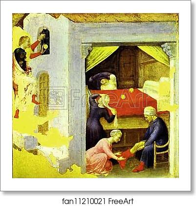 Free art print of St. Nicholas and the Three Gold Balls. From the predella of the Quaratesi triptych from San Niccolo, Florence by Gentile Da Fabriano