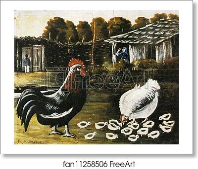 Free art print of Rooster and Hen with Chickens by Niko Pirosmani