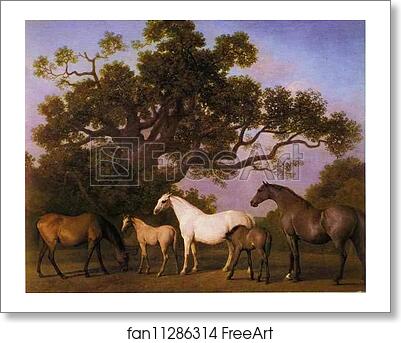 Free art print of Mares and Foals under an Oak-Tree by George Stubbs