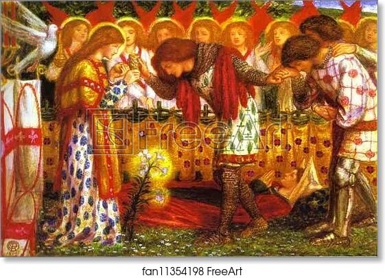Free art print of How Sir Galahad, Sir Bors and Sir Percival Were Fed with the Sanc Grael; but Sir Percival's Sister Died by the Way by Dante Gabriel Rossetti
