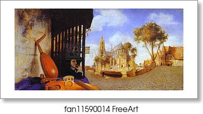 Free art print of View of Delft with a Musical Instrument Seller's Stall by Carel Fabritius