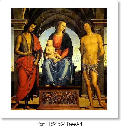 Free art print of Madonna and Child Enthroned with St. John the Baptist and St. Sebastian by Pietro Perugino