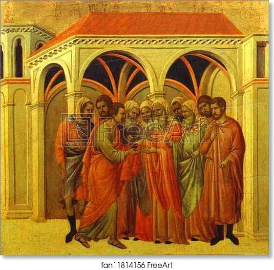 Free art print of Maestà (back, central panel) The Betrayal by Judas by Duccio Di Buoninsegna
