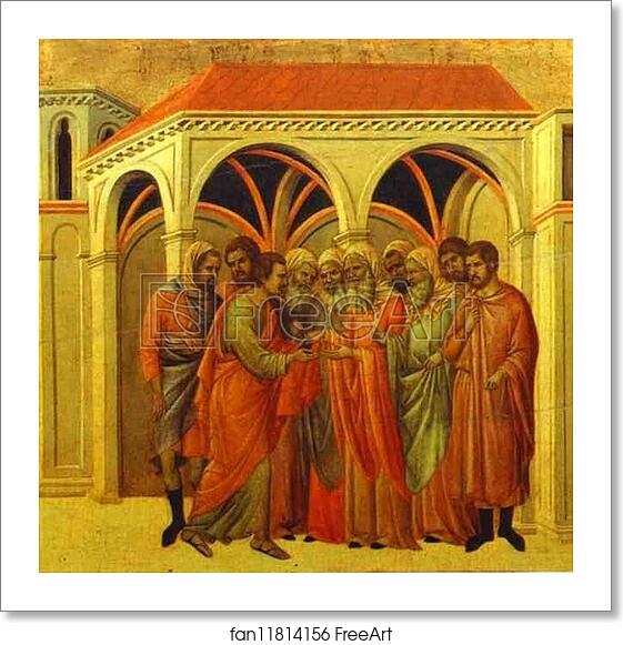 Free art print of Maestà (back, central panel) The Betrayal by Judas by Duccio Di Buoninsegna
