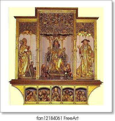 Free art print of Central part: wooden carved figures of St. August, St. Anthony, St. Jerome; bottom part Jesus with 12 Apostles. Sculptures by Nicolas de Haguenau (active in Strasbourg around 1490) by Matthias Grünewald