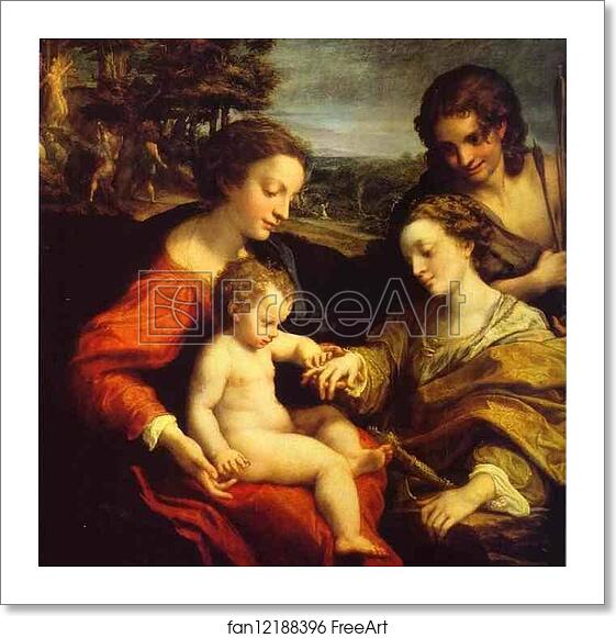 Free art print of The Mystic Marriage of St. Catherine, with St. Sebastian; in the Background is the Martyrdom of Two Saints by Correggio Free art print of The Mystic Marriage of St. Catherine, with St. Sebastian; in the Background is the Martyrdom of Two Saints by Correggio