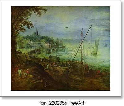 Free art print of River Landscape with Wood-Cutters by Jan Brueghel The Elder