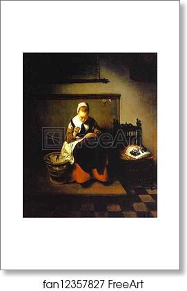 Free art print of A Young Woman Sewing by Nicolaes Maes