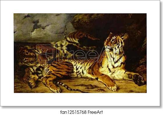 Free art print of A Young Tiger Playing with its Mother by Eugène Delacroix