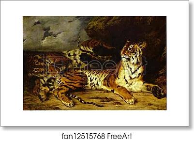 Free art print of A Young Tiger Playing with its Mother by Eugène Delacroix