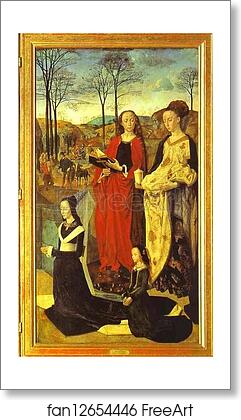 Free art print of Maria Baroncelli with Her Daughter Margarita and SS. Margaret and Mary Magdalene. The right panel of the Portinari Altar by Hugo Van Der Goes