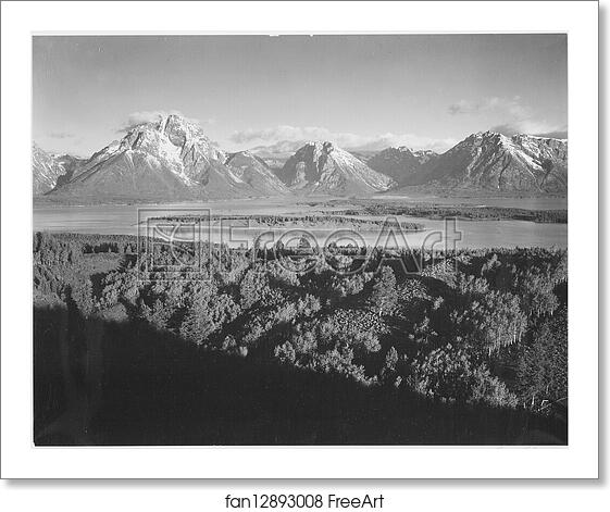 Free art print of Mt. Moran and Jackson Lake from Signal Hill, Grand "Teton National Park," Wyoming. Photographs of National Parks and Monuments, compiled 1941 - 1942, documenting the period ca. 1933 - 1942. by Ansel Adams (1902-1984) Free art print of Mt. Moran and Jackson Lake from Signal Hill, Grand "Teton National Park," Wyoming. Photographs of National Parks and Monuments, compiled 1941 - 1942, documenting the period ca. 1933 - 1942. by Ansel Adams (1902-1984)