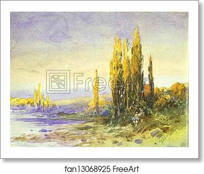 Free art print of Lombardy Poplars on the Bank of a Lake. Evening by Feodor Vasilyev