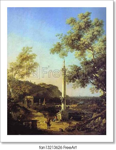 Free art print of Capriccio: River Landscape with a Column, a Ruined Roman Arch, and Reminiscences of England by Giovanni Antonio Canale, Called Canaletto