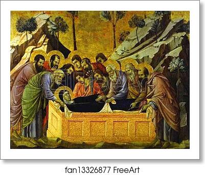 Free art print of Maestà (front, crowning panels) The Entombment of the Virgin by Duccio Di Buoninsegna