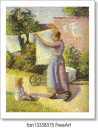 Free art print of Woman Hanging Laundry by Camille Pissarro