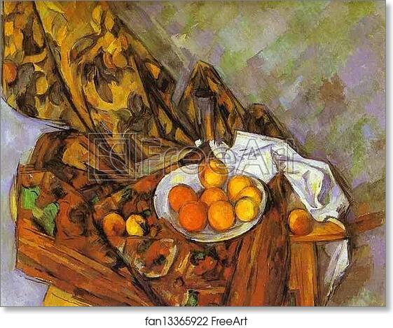 Free art print of Still Life with Flower Curtain and Fruit by Paul Cézanne
