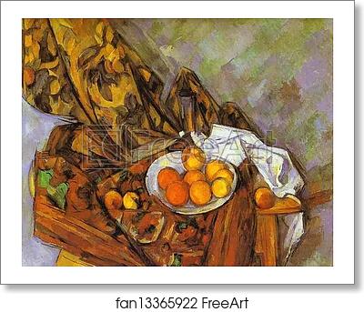 Free art print of Still Life with Flower Curtain and Fruit by Paul Cézanne