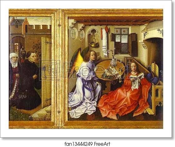 Free art print of The Annunciation. (The Merode Altarpiece). The left and central panels of the triptych by Robert Campin (Master Of Flemalle)