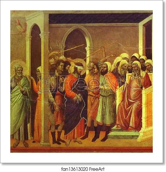 Free art print of Maestà (back, central panel) Jesus Mocked by Duccio Di Buoninsegna