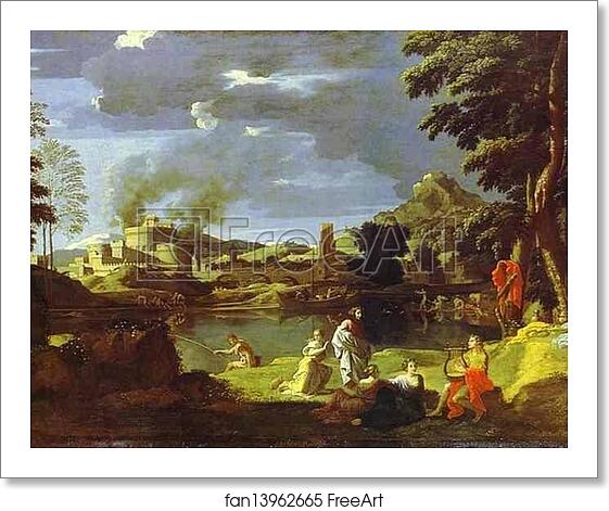 Free art print of Landscape with Orpheus and Eurydice by Nicolas Poussin