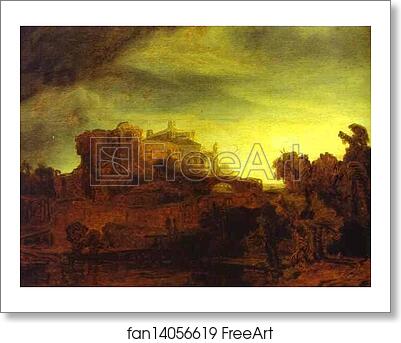 Free art print of Landscape with a Castle by Rembrandt Harmenszoon Van Rijn