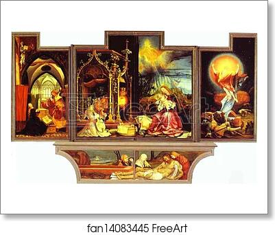 Free art print of Annunciation (left), Concert of Angels (central left), Nativity (cental right), Resurrection (right) by Matthias Grünewald Free art print of Annunciation (left), Concert of Angels (central left), Nativity (cental right), Resurrection (right) by Matthias Grünewald