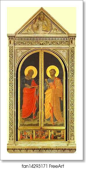 Free art print of Linaiuoli Tabernacle: The Evangelist Mark and the Apostle Peter (wings closed) by Fra Angelico Free art print of Linaiuoli Tabernacle: The Evangelist Mark and the Apostle Peter (wings closed) by Fra Angelico