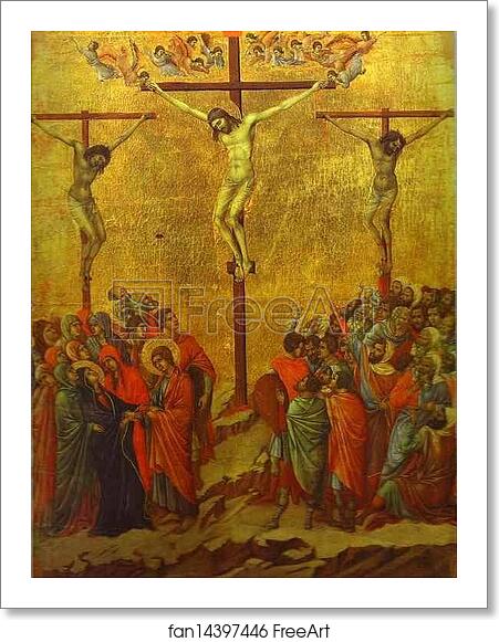 Free art print of Maestà (back, central panel) The Crucifixion by Duccio Di Buoninsegna