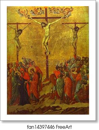 Free art print of Maestà (back, central panel) The Crucifixion by Duccio Di Buoninsegna