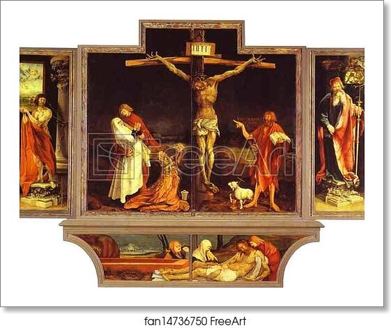 Free art print of The first view of the altar: (bottom) St. Sebastian (left), The Crucifixion (central), St. Anthony (right), Entombment by Matthias Grünewald Free art print of The first view of the altar: (bottom) St. Sebastian (left), The Crucifixion (central), St. Anthony (right), Entombment by Matthias Grünewald
