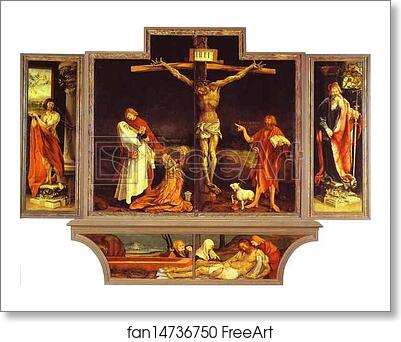 Free art print of The first view of the altar: (bottom) St. Sebastian (left), The Crucifixion (central), St. Anthony (right), Entombment by Matthias Grünewald
