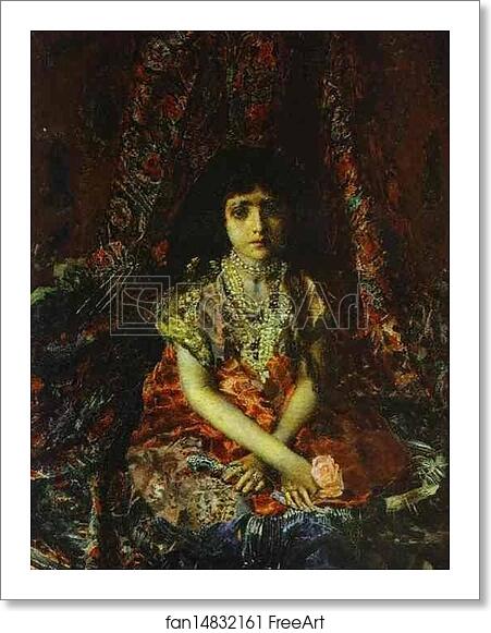 Free art print of Portrait of a Girl against a Persian Carpet by Mikhail Vrubel